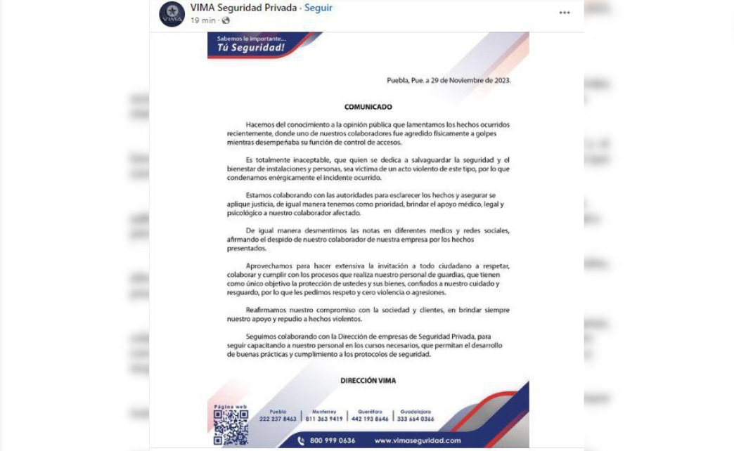 VIMA asegura que colabora con las autoridades para que se sancione la agresión contra guardia | Redes Sociales