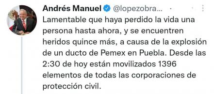 Lamenta AMLO la muerte de una persona en explosión de San Pablo Xochimehuacán