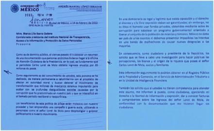 AMLO exhibe carta en la que pide al Inai informar ingresos de Loret de Mola