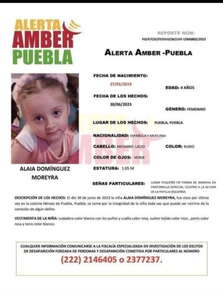 Emiten Alerta Amber por Alaia Domínguez, sustraída por su padre en Puebla
