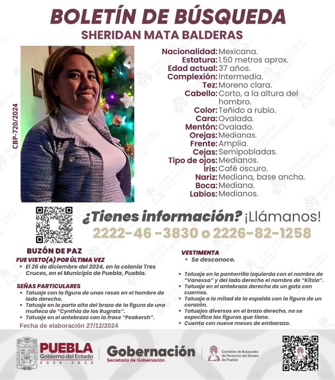 Boletín de búsqueda Sheridan Mata | Foto: Gobernación Puebla