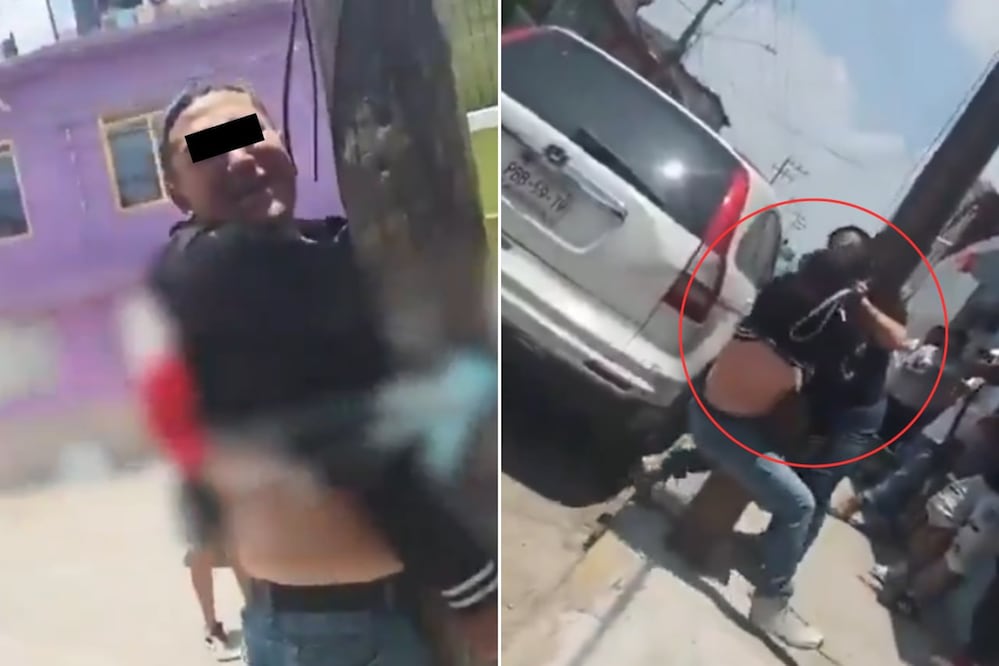 Una madre reprendió a su hijo con un cinturón después de que vecinos lo retuvieran por un presunto robo | Foto: Captura de video X