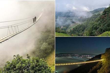 El puente tibetano en un Pueblo Mágico de Puebla para caminar entre la neblina