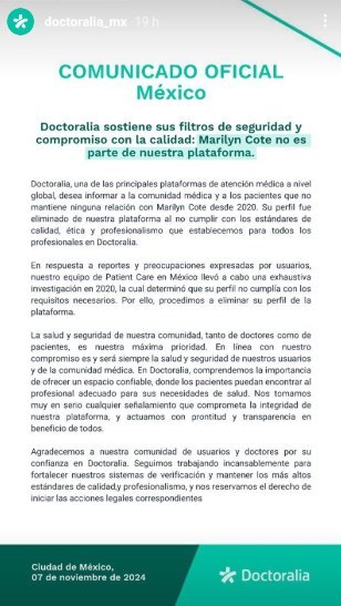 Comunicado en el que Doctoralia se deslinda de Marilyn Cote / Redes Sociales