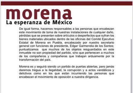 Morena Puebla denuncia a morenistas por toma de oficinas