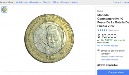 Moneda conmemorativa de la Batalla de Puebla se vende en Internet por 10 mil pesotes
