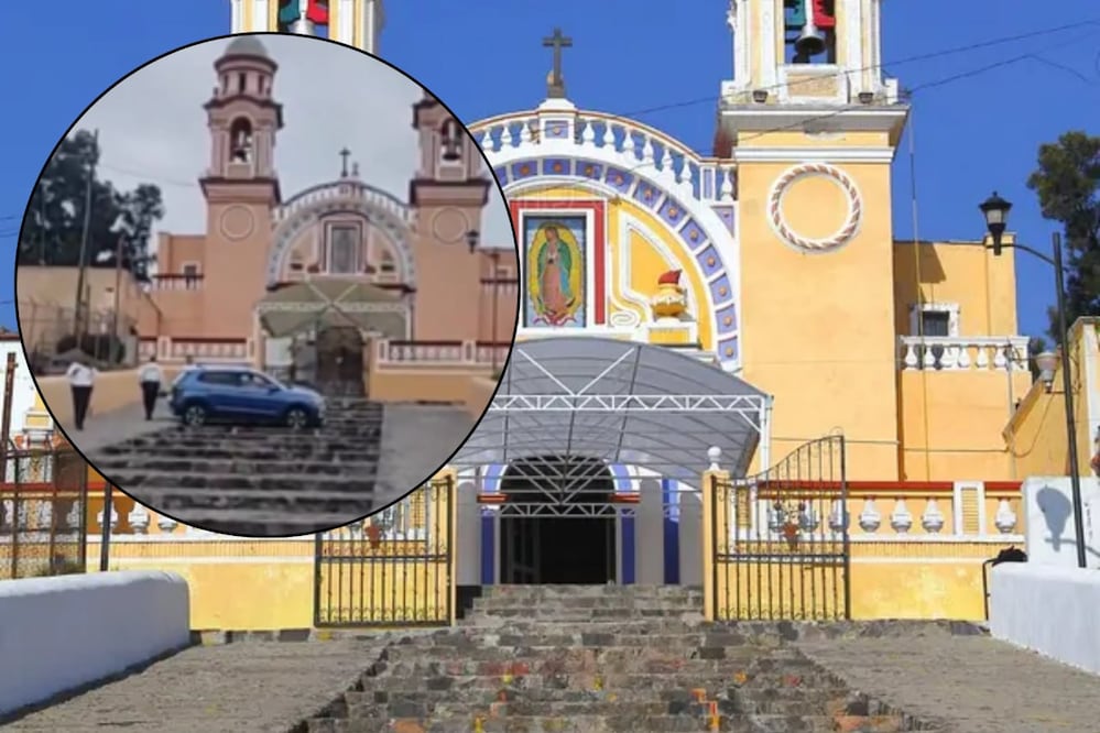 El conductor de una camioneta azul terminó en las escalinatas del Santuario de la Virgen de Guadalupe | Foto: Captura de video El Universal Puebla / Dreamstime