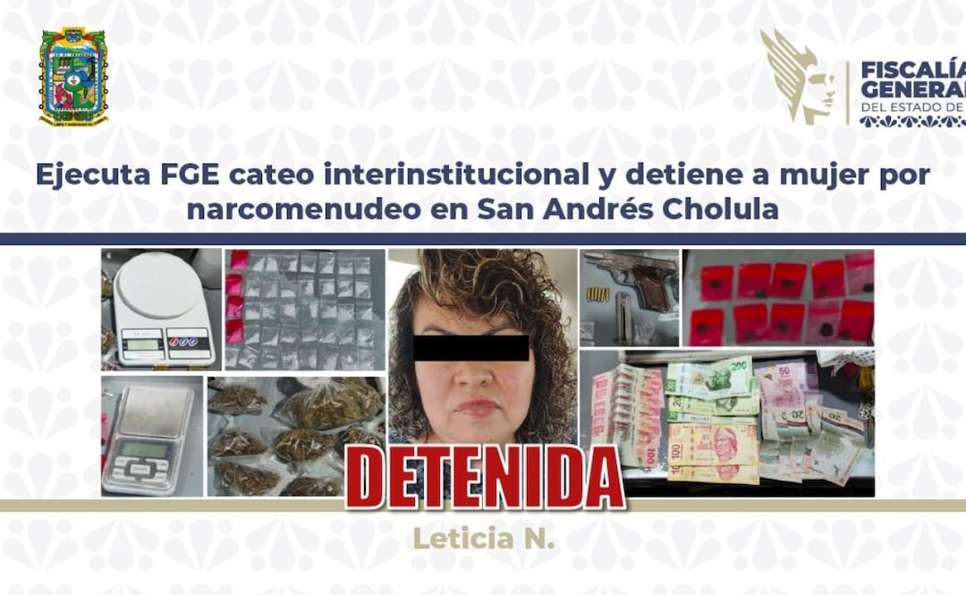 Ejecuta FGE cateo interinstitucional y detiene a mujer por narcomenudeo en San Pedro Cholula | Foto: FGE