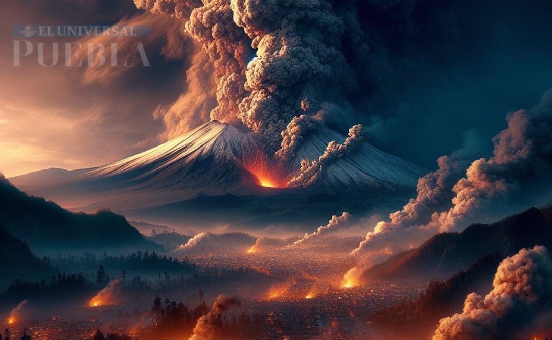 La IA recreó este escenario en caso de una posible reactivación del volcán Iztaccíhuatl | Foto: Imagen generada por Bing para el Universal Puebla