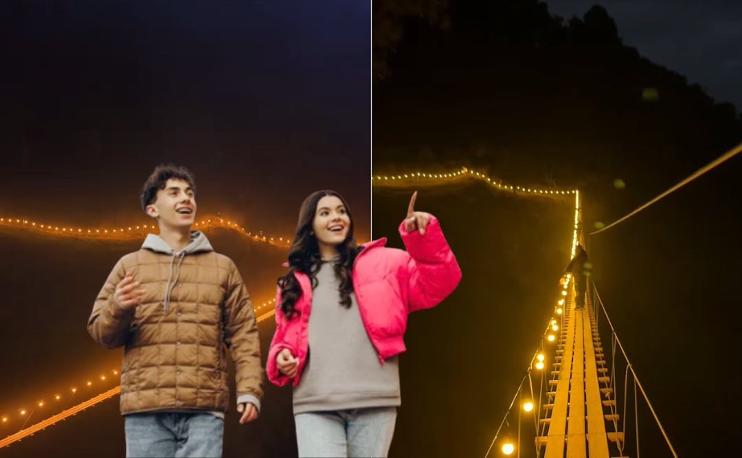 El puente tibetano iluminado se ubica en el Pueblo Mágico de Tlatlauquitepec | Foto: RRSS/ShutterStock