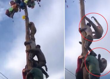 VIDEO Juego del Calamar mexicano: dos hombres casi se matan en concurso del palo encebado