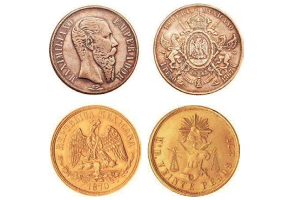 Comparación del peso de Maximiliano de Habsburgo y el de la República restaurada de Benito Juárez. Imagen: Banxico