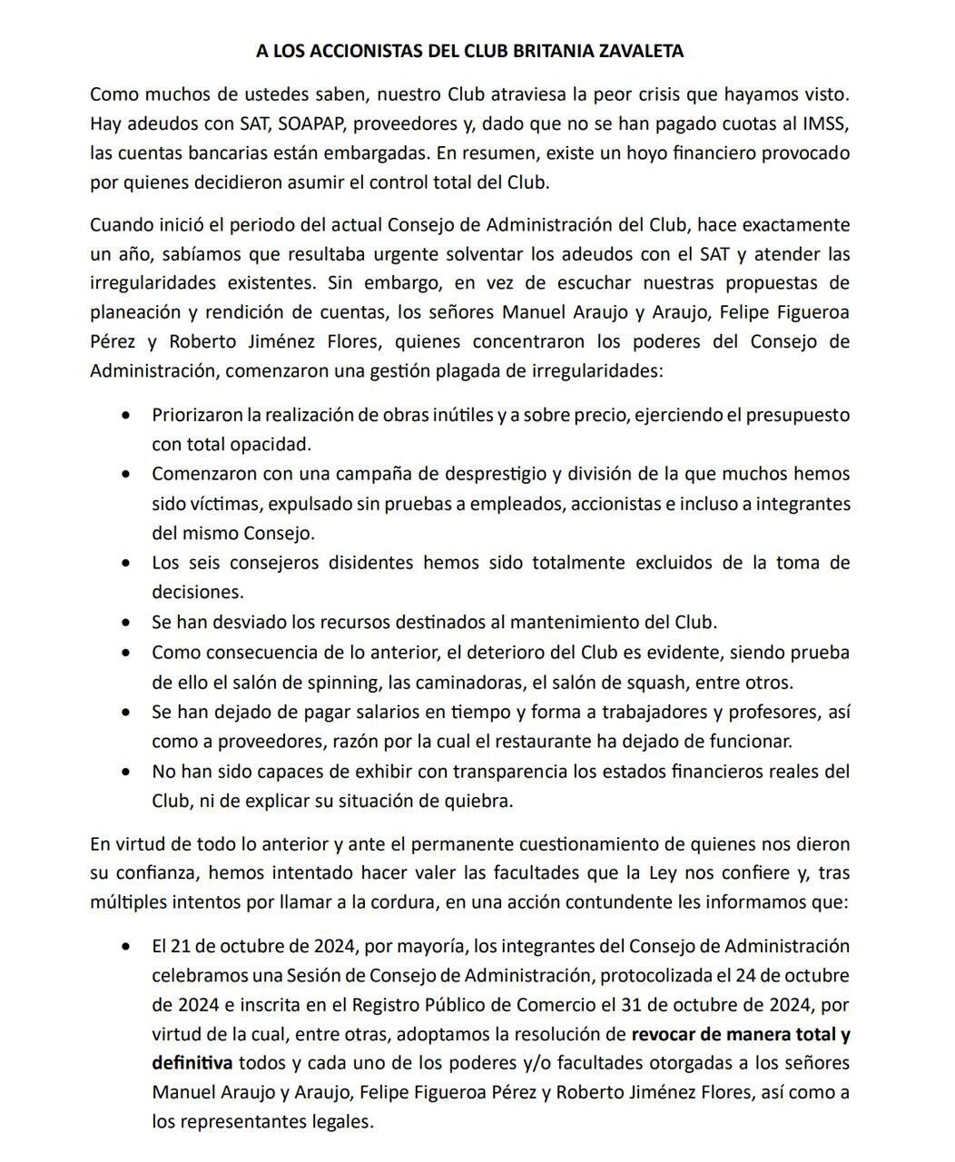 Mensaje  los accionistas del Club Britania Zavaleta, suscrito por los integrantes del Consejo de  Adminitración