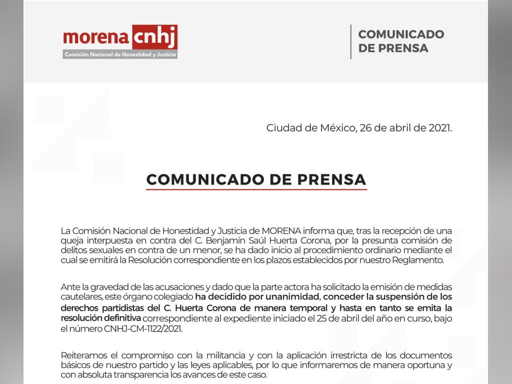 Suspende Morena derechos partidistas de Saúl Huerta