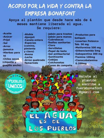 Plantón contra Bonafont pide apoyo con víveres a los poblanos 