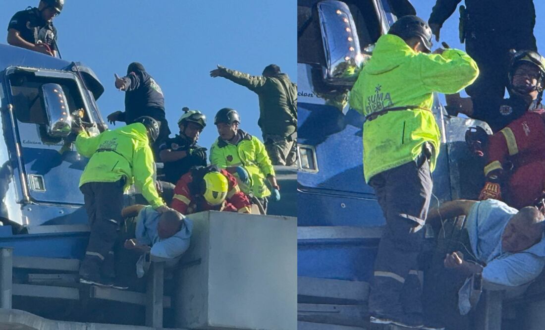 Tras percance vehicular conductor quedó atrapado y estuvo en riesgo de caer del segundo piso de la Autopista México-Puebla / Foto: EsImagen