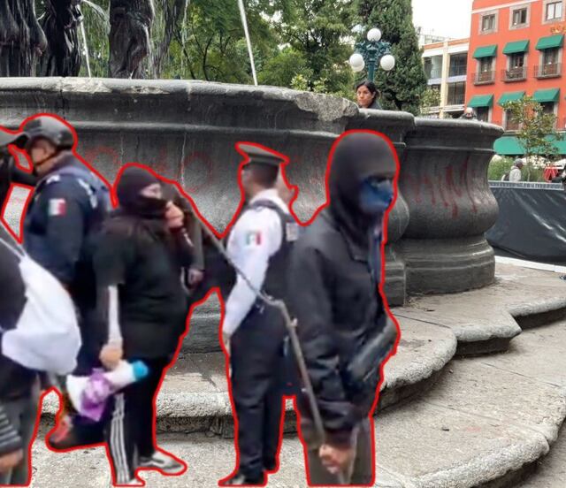Detienen a 3 mujeres por provocar daños a la fuente de San Miguel en el Zócalo de Puebla