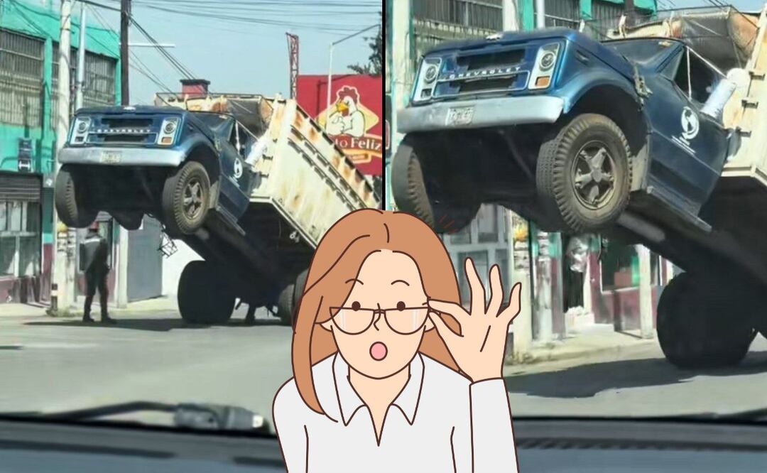 Este camión quedó suspendido de las llantas delanteras de manera inexplicable | Foto: Video de TikTok / Canva