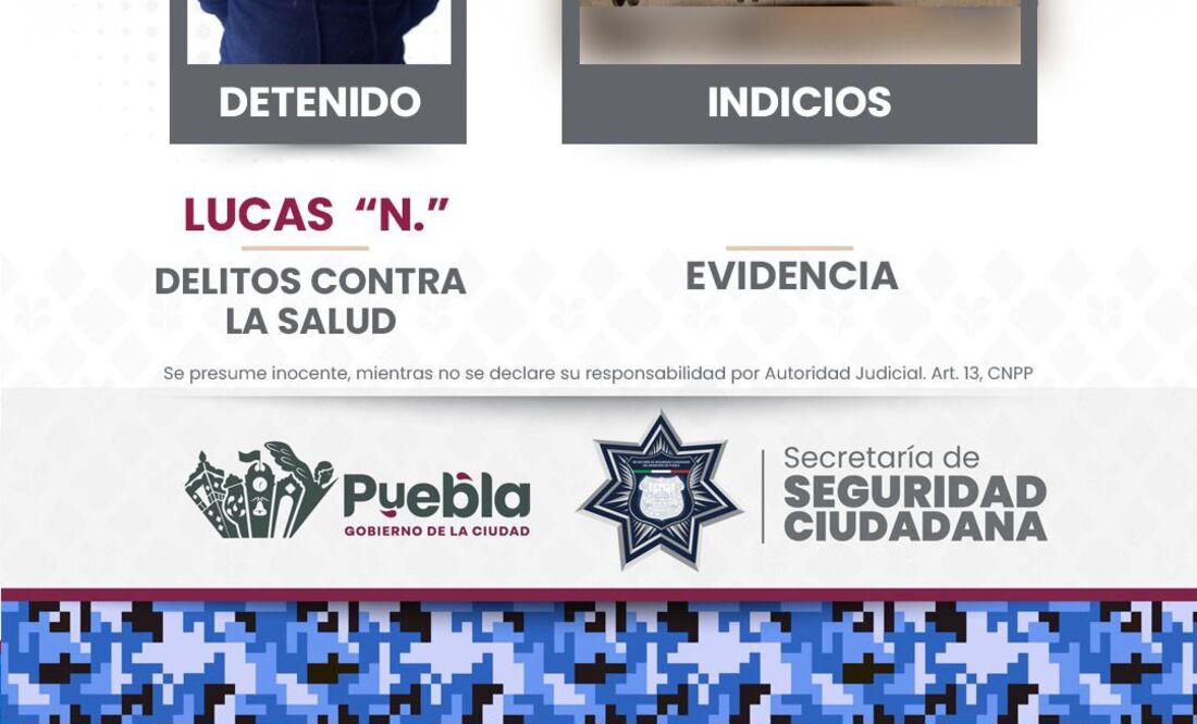 SSC Puebla detuvo a Lucas N. con casi 3 kilos de estupefacientes | Foto: SSP Puebla.