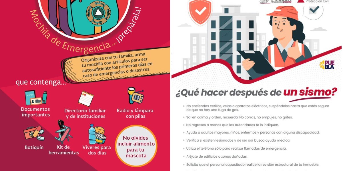 Elementos de la mochila de emergencia / Foto: Redes Sociales CNPC y PC estatal de Puebla