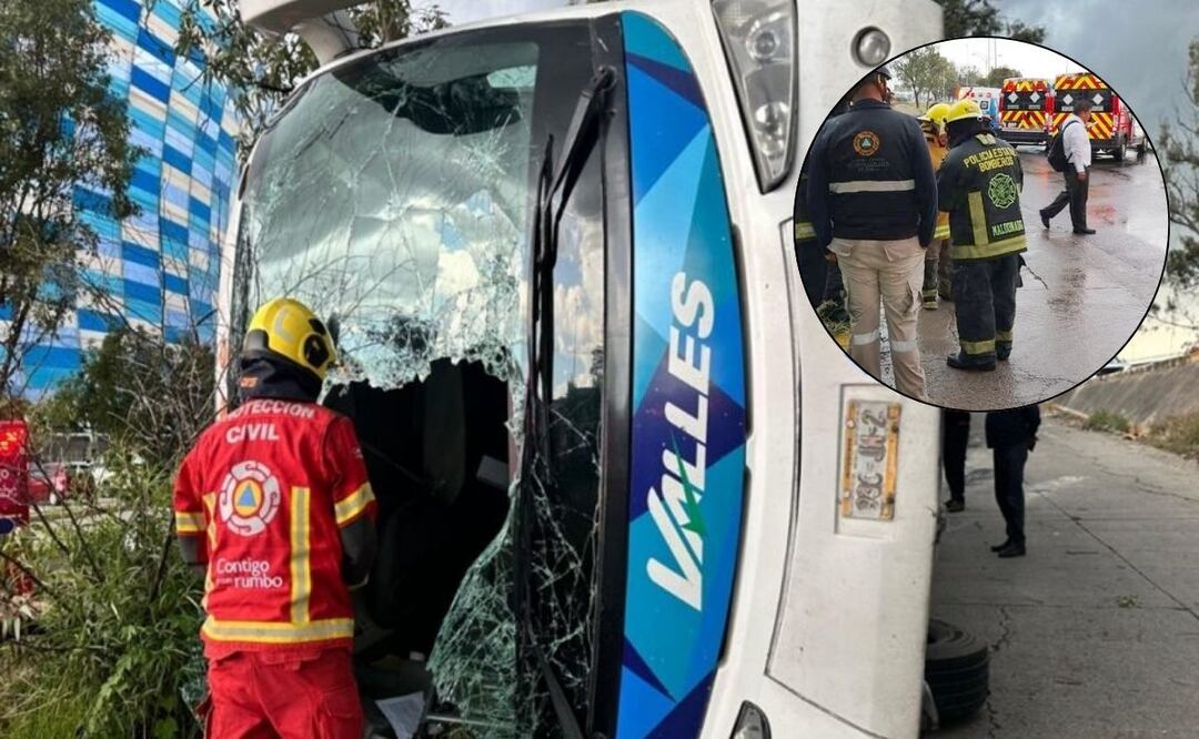 Autobús volcado en las inmediaciones del Estadio Cuauhtémoc / Foto: Redes Sociales