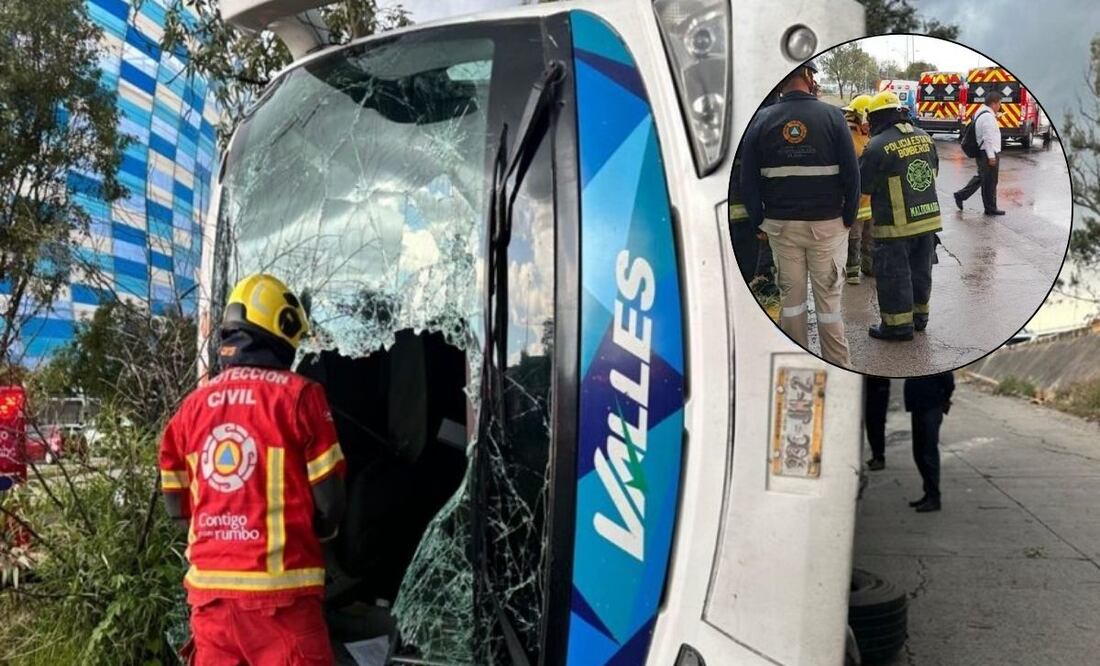 Autobús volcado en las inmediaciones del Estadio Cuauhtémoc / Foto: Redes Sociales
