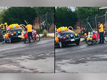 Abuelito adorna triciclo con globos para celebrar graduación de su nieta en Saltillo