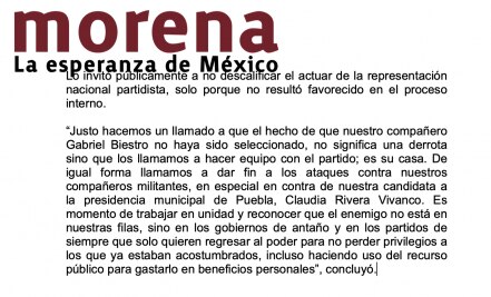 Morena Puebla llama a Biestro a no atacar candidatura de Claudia Rivera