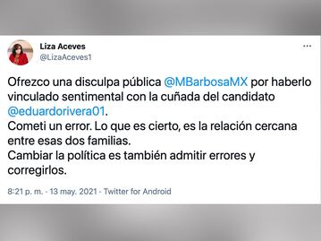 Disculpa tuitera para Barbosa de parte de Liza Aceves