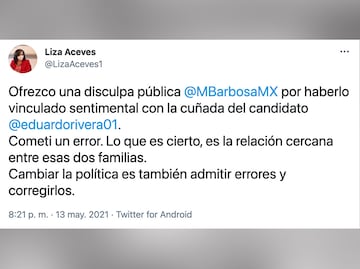 Disculpa tuitera para Barbosa de parte de Liza Aceves