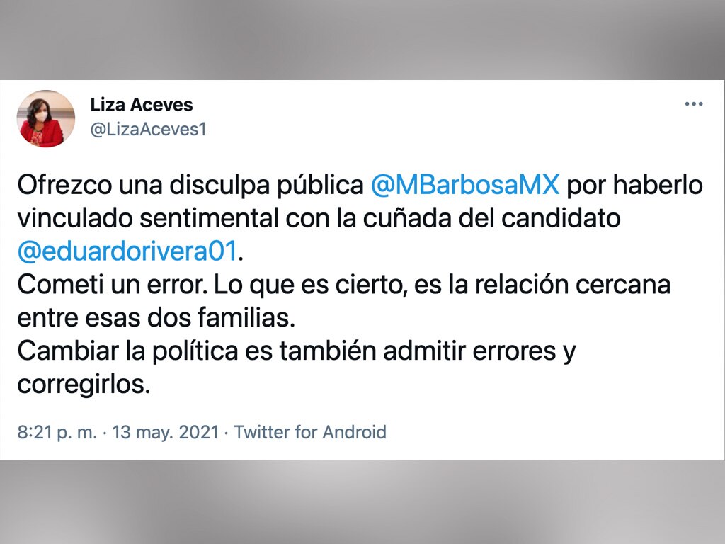Disculpa tuitera para Barbosa de parte de Liza Aceves