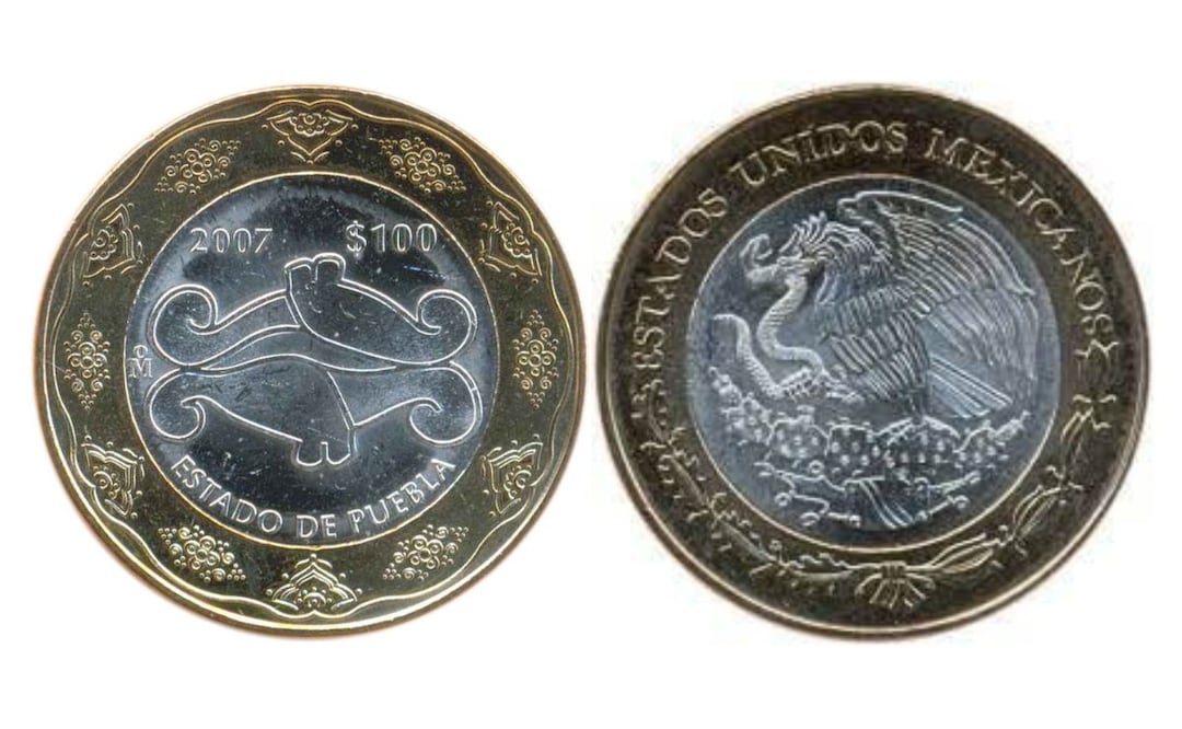 La moneda de Puebla de 100 pesos circuló en 2007 | Foto: Numista