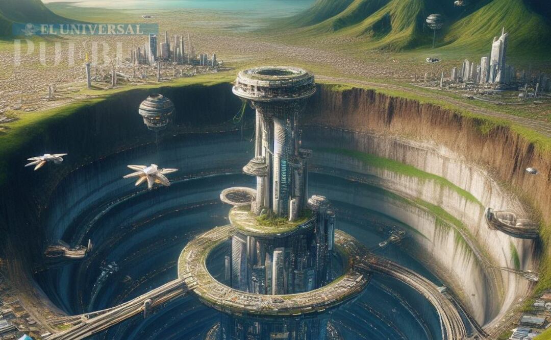 La Inteligencia Artificial reveló cómo se vería el socavón de Zacatepec en 2074 | Foto: Generada por BING para el Universal Puebla.