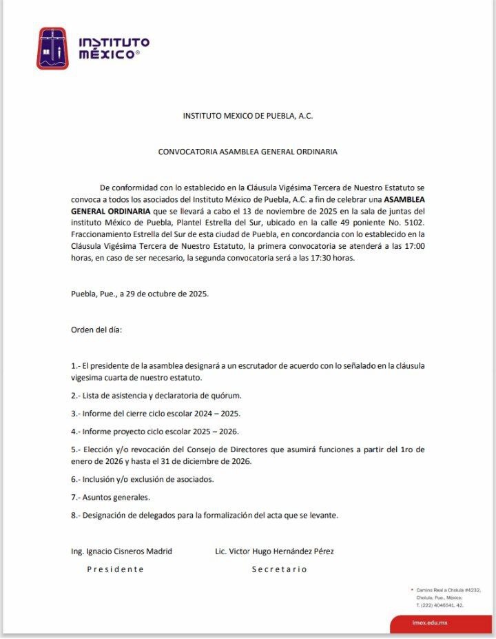 Asamblea General Ordinaria del Instituto México de Puebla A.C. | Foto: Instituto México