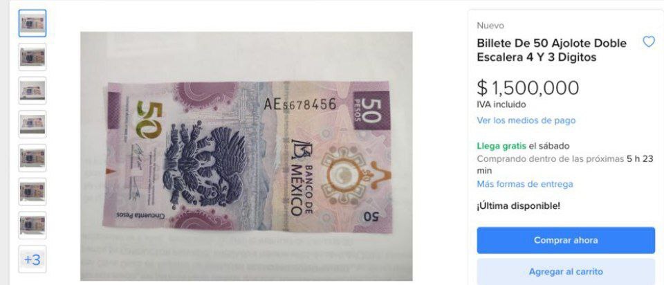 Este billete de ajolote se cotiza hasta en 1.5 millones por su peculiar serie / Foto Mercado Libre