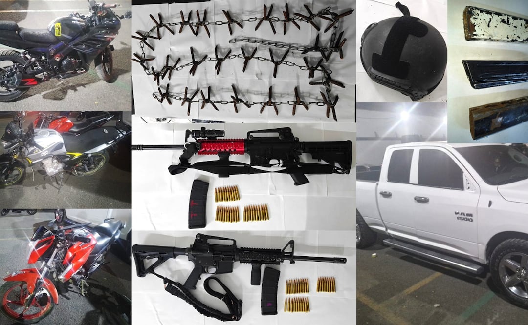 Entre los indicios localizados se encuentran más de 360 cartuchos útiles, seis armas largas, cintas de municiones, equipo táctico y cuatro vehículos | Foto: SSP