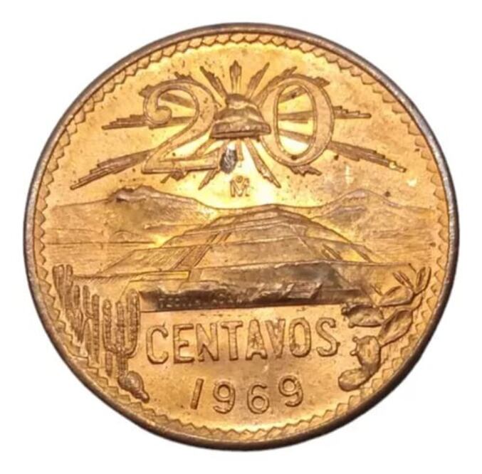 La moneda de 20 centavos con la Pirámide del Sol comenzó a circular en la década de los 40 | Foto: Mercado Libre