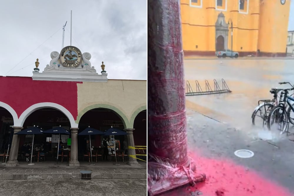 La lluvia provocó que la pintura guinda recién aplicada en los Portales de Cholula se deslavara | Foto: EsImagen / Captura de video TikTok Peter Zacca Oficial