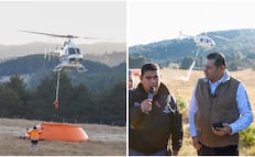 Armenta sobrevuela incendio en la Sierra Norte de Puebla, controlan el 70%