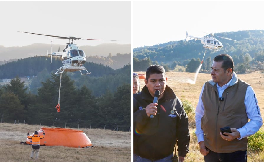 Armenta sobrevuela incendio en la Sierra Norte de Puebla, controlan el 70%