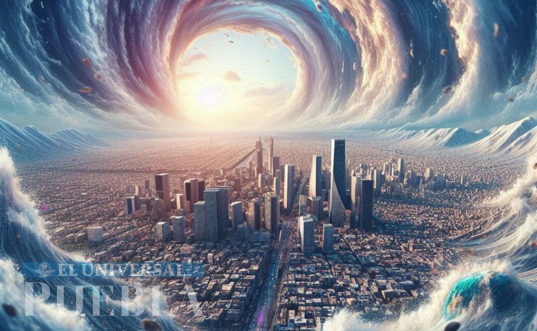La IA hace esta interpretación del ojo de un huracán en Puebla | Foto: Bing para El Universal Puebla