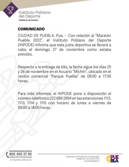 Maratón de Puebla se llevará a cabo en su fecha original