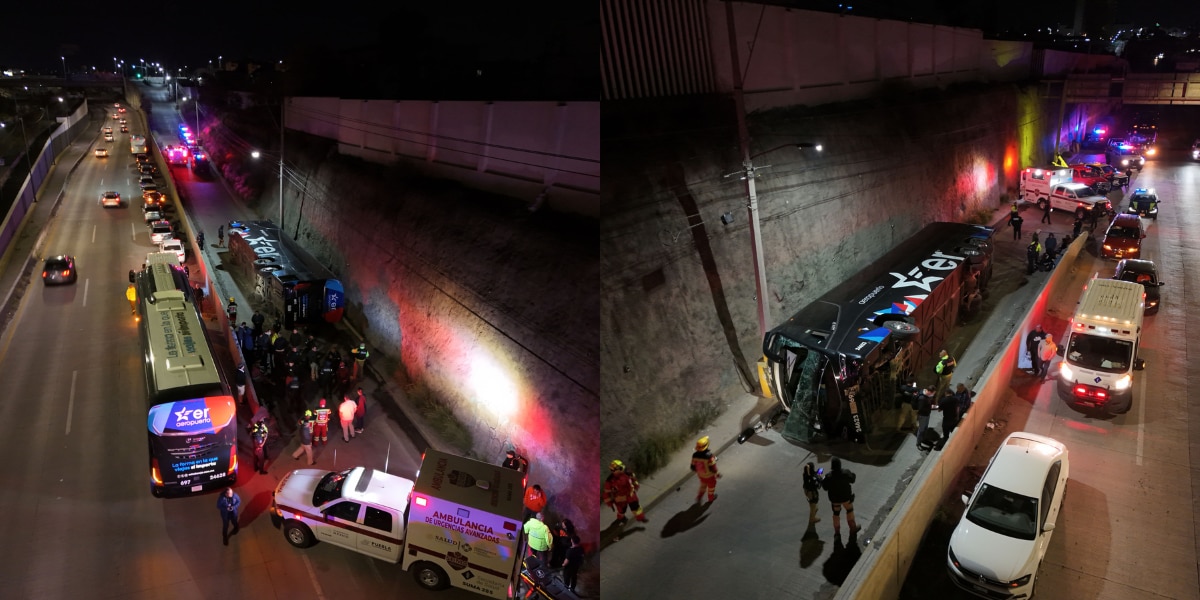 Autobús la línea Estrella Roja volcó con 30 pasajeros a bordo, sobre Periférico Ecológico  a la altura de  bulevar Carmelitas / Foto: EsImagen
