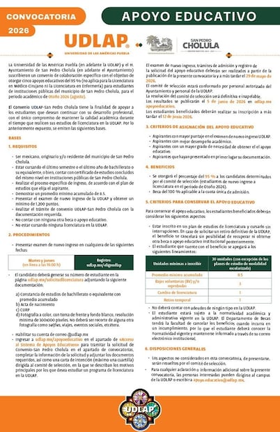 Estudiantes de San Pedro Cholula podrán acceder a becas del 95% en la UDLAP