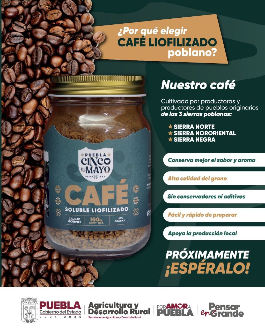 El café soluble 5 de mayo pronto estará a la venta en tiendas y supermercados | Foto: Gobierno del estado