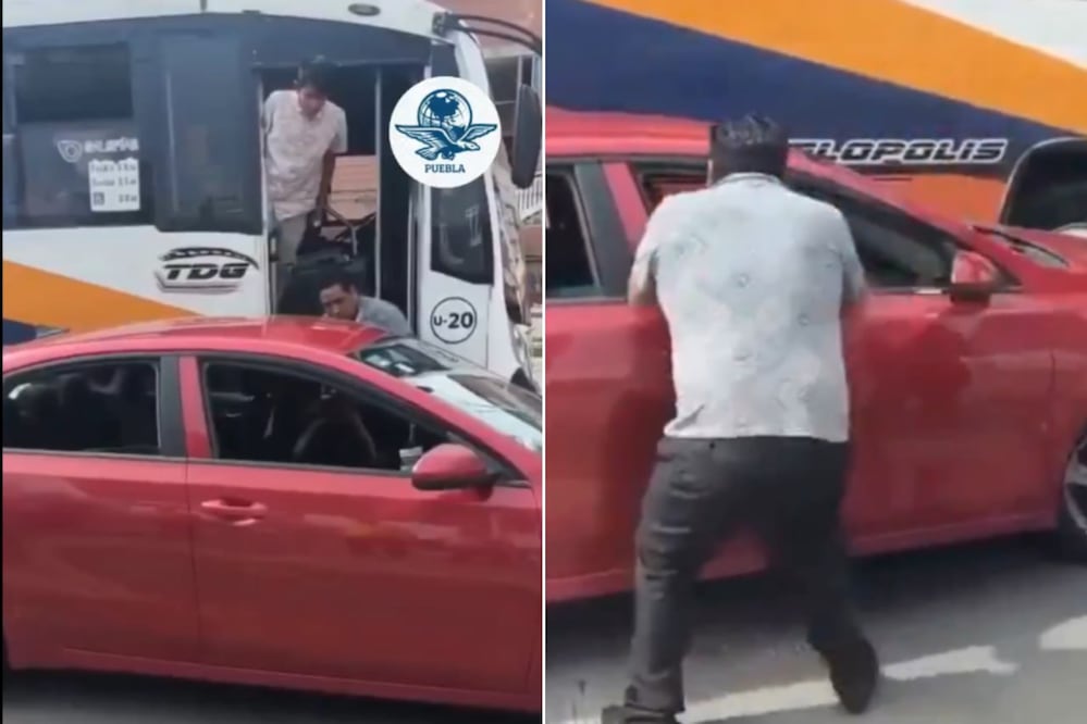 Ciudadanos difundieron en redes sociales el video en el que un chofer y su chalán agreden a un automovilista | Foto: Captura de video X El Universal Puebla