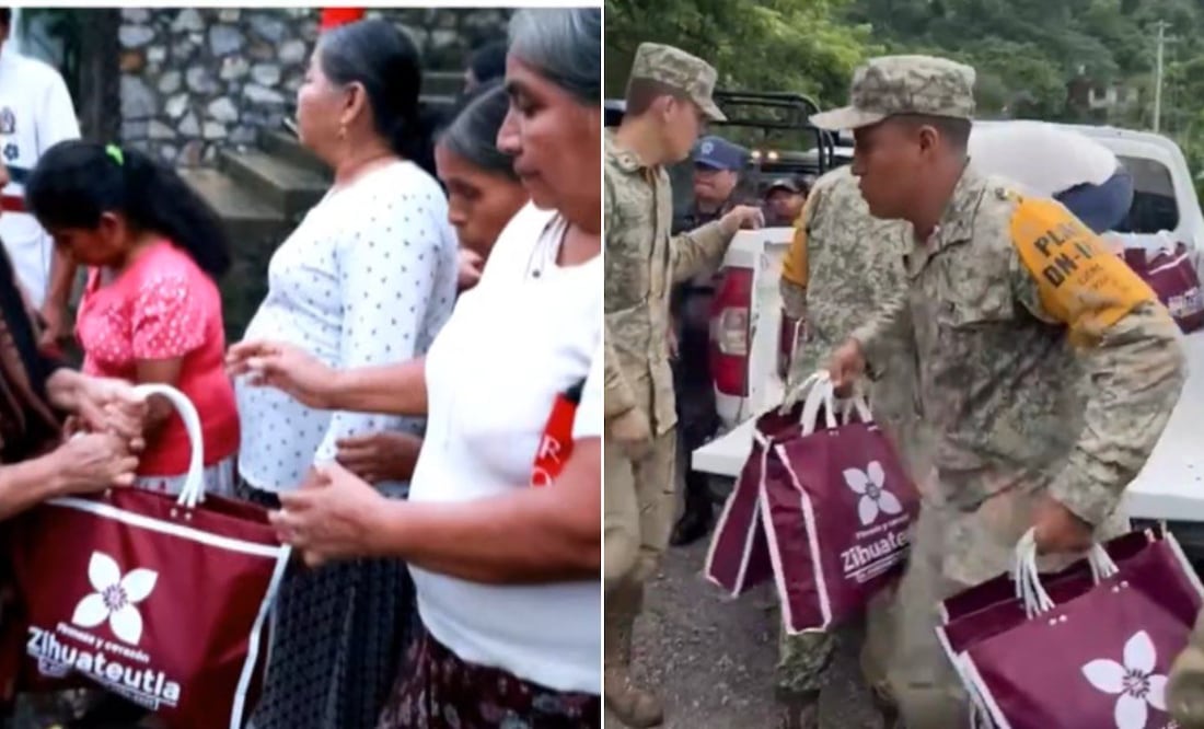 Zihuateutla entregó despensas en bolsas guindas que se relacionan con Morena | Foto: RRSS