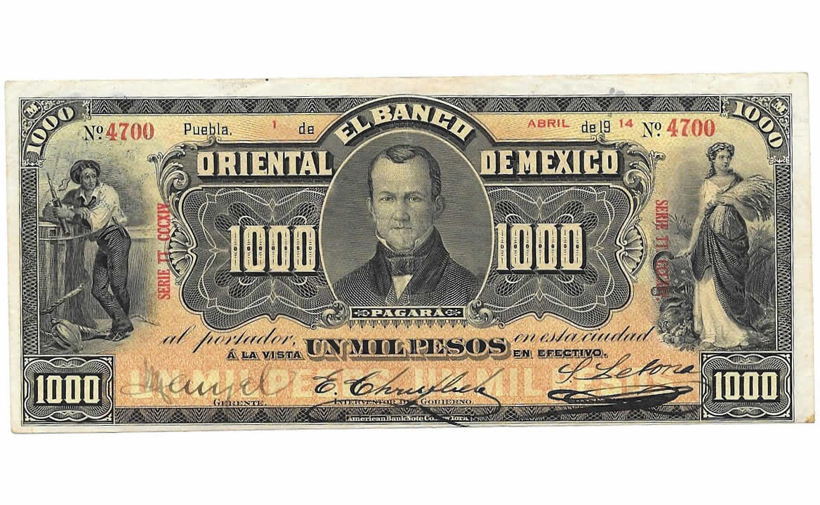 Billete de Mil Pesos emitido en Puebla en el año de 1914. Foto: Billetes de México / Facebook