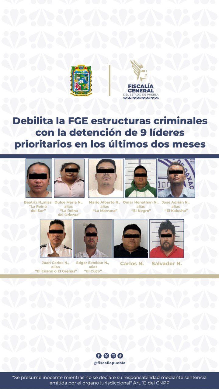 La FGE detuvo a estos 9 líderes de bandas criminales en Puebla | Foto: FGE