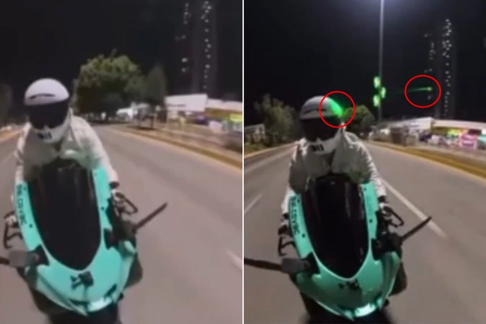 Un motociclista captó una luz verde proyectada sobre su casco mientras circulaba por la Vía Atlixcáyotl | Foto: Redes Sociales